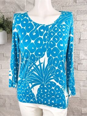 Escada Elcim Lagoon Pineapple Print Sweater Modal Cotton Resort M